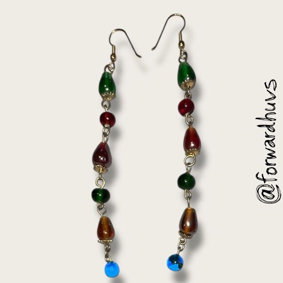 Handmade Long Glass Bead Earrings – Irregular Shape, Artisan Dangle, Boho Style - Picture 5 of 9